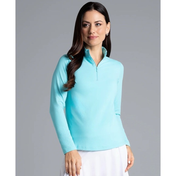 IBKUL Women's XS Long Sleeve Zip Mock Neck Top Color Blue Seafoam 80000 NWT - Picture 1 of 12